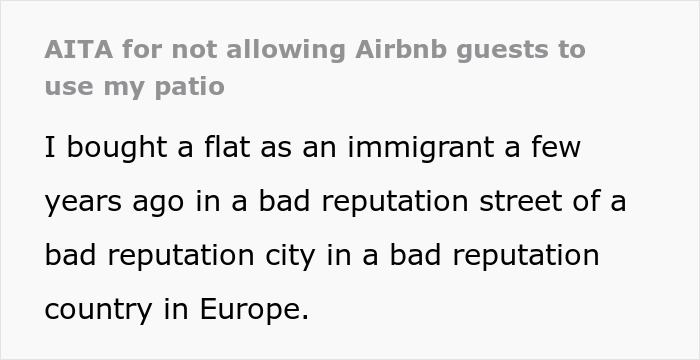 Alt text: Neighbor refuses to let Airbnb guests use patio causing dispute over discrimination claims by host upstairs