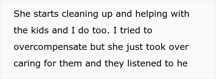 Text excerpt about a man doubting his wife&rsquo;s abilities as she starts cleaning and helping with the kids.