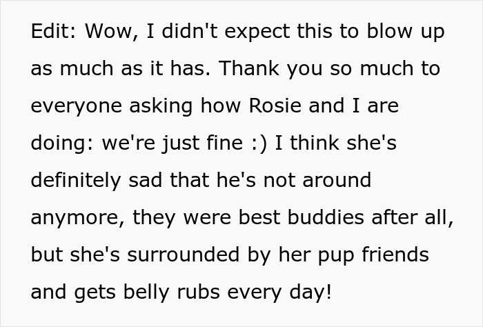 Text update from woman who retains dog after breakup, sharing how dog is doing and getting belly rubs daily. Text update from woman who retains dog after breakup, sharing how dog is doing and getting belly rubs daily.