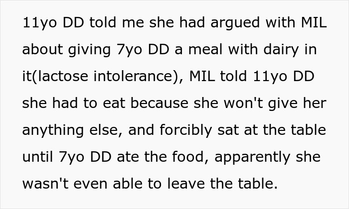 Text describing a family dispute about a 7-year-old's lactose intolerance and a grandmother refusing to accept it.