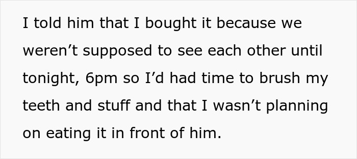 Text conversation showing a woman explaining why she bought a peanut butter cake to eat later, upsetting her boyfriend.
