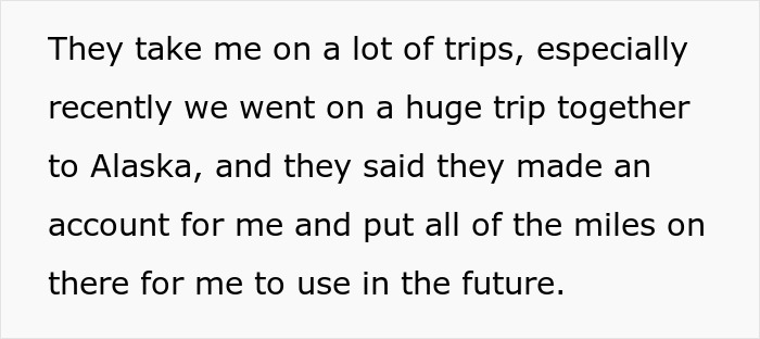 Text excerpt about a woman discussing family trips and managing flight miles for future use during a Christmas gift trip.