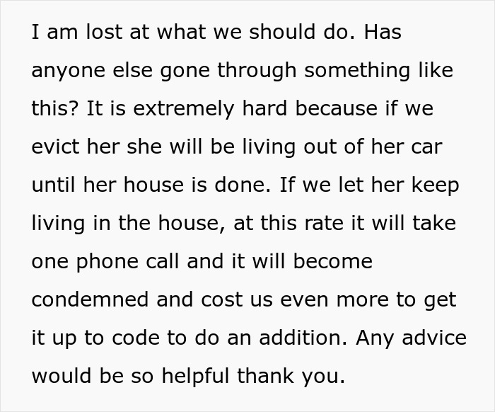 Text post describing a couple struggling with a hoarder MIL squatting in their inherited home and considering legal eviction.