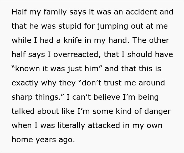 Text excerpt discussing a prank gone wrong involving a knife, highlighting a resulting ER visit after an accident.