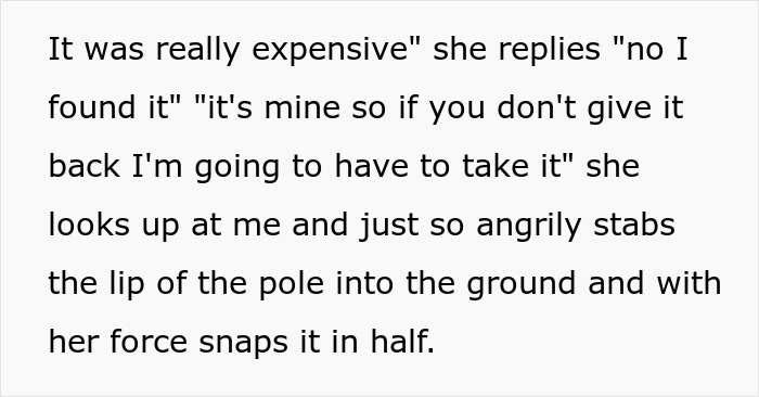 Young girl angrily breaks a fishing pole in half after a dispute over ownership at a fishing spot outdoors.