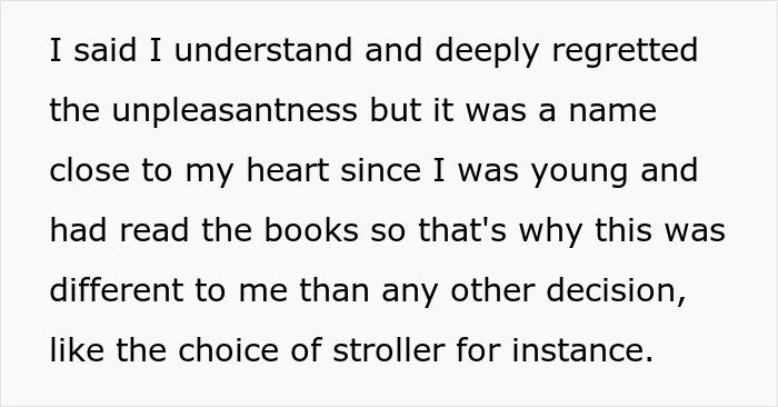 Text excerpt showing a woman explaining her emotional connection to a baby&rsquo;s name amid a mother-in-law dispute.