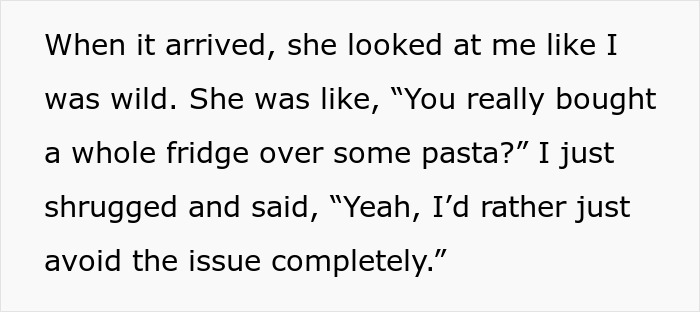 Text exchange about purchasing a mini fridge to prevent leftover pasta theft and a friend calling it too dramatic.
