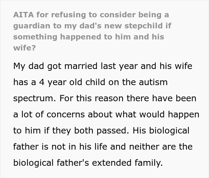 Text post discussing refusal to be future caregiver for autistic stepbrother after dad's remarriage and concerns about his care.