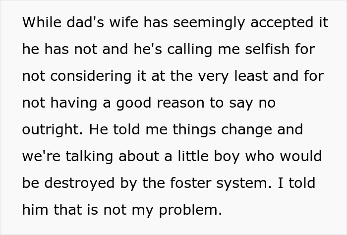 Woman refuses to be future caregiver for autistic stepbrother, despite family pressure and concerns about foster system.