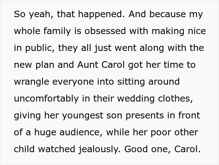 Text excerpt describing a family treating a wedding as a convenient time to celebrate others' occasions with awkward moments.