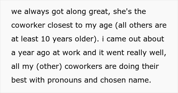 Text excerpt about a coworker misgenders and misunderstands Muslim religion after coming out at work.