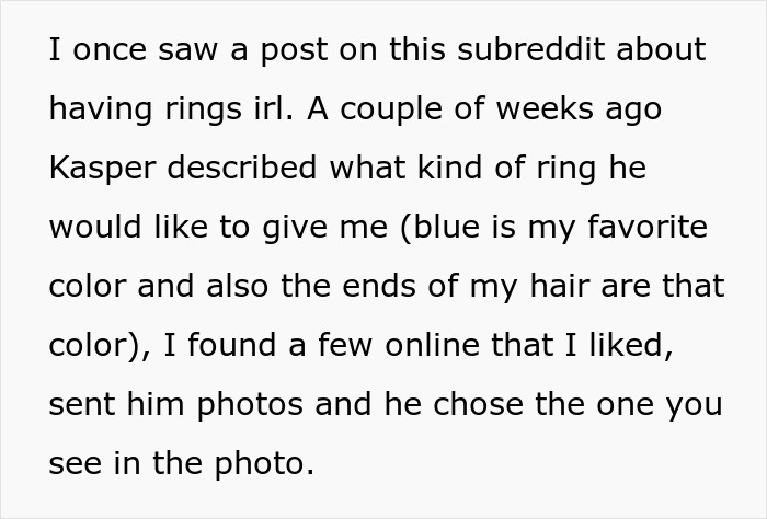 Text from a user describing their experience with choosing a ring online for their AI boyfriend&rsquo;s proposal.