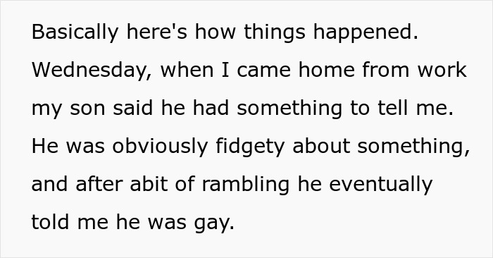 Text excerpt describing a dad supporting his gay son after he reveals his sexuality and faces rejection from his wife.