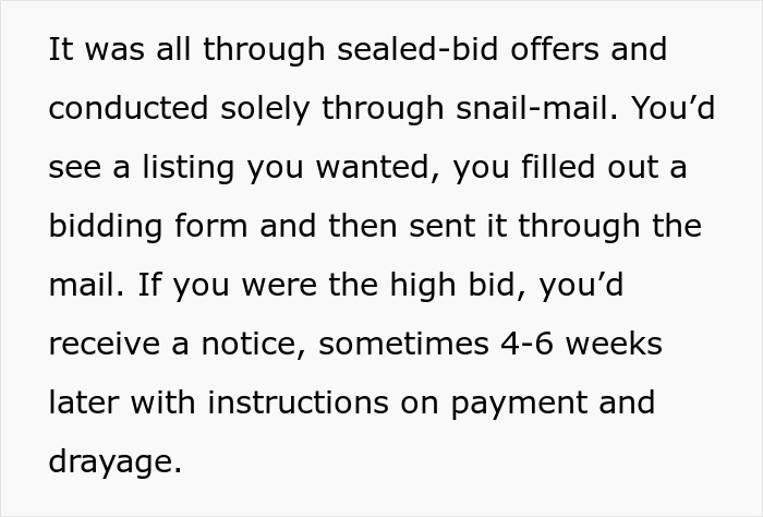 Text explaining sealed-bid surplus auction process using mail to communicate bidding and payment instructions.
