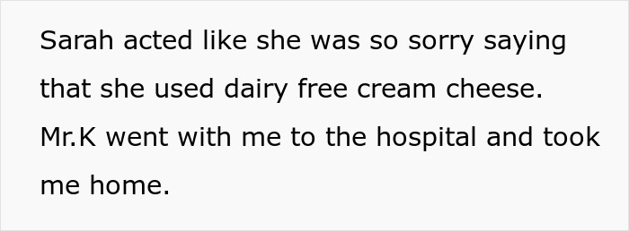 Text excerpt describing an intern mentioning a coworker&rsquo;s dairy-free cream cheese and hospital visit after being urged to eat cupcakes.