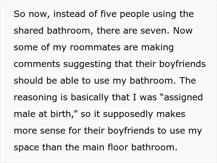 Nonbinary person sets boundaries with roommates’ boyfriends over private bathroom use inside shared living space. Nonbinary person sets boundaries with roommates’ boyfriends over private bathroom use inside shared living space.