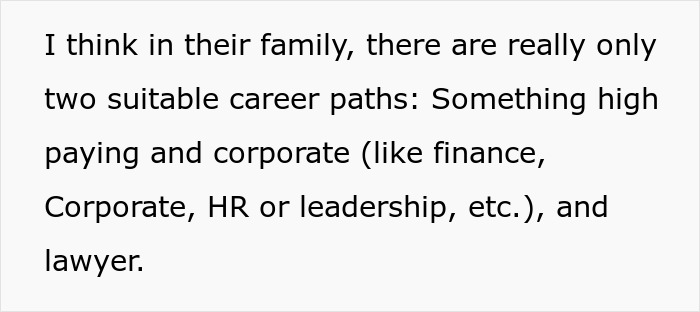 Text excerpt discussing family career paths including finance, corporate, HR, leadership, and lawyer options.