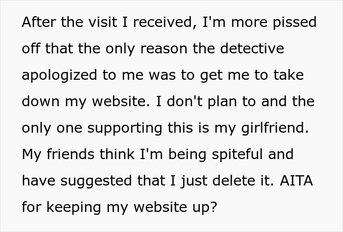 Text message about a man wrongfully jailed for 54 days refusing to take down website calling out detective.