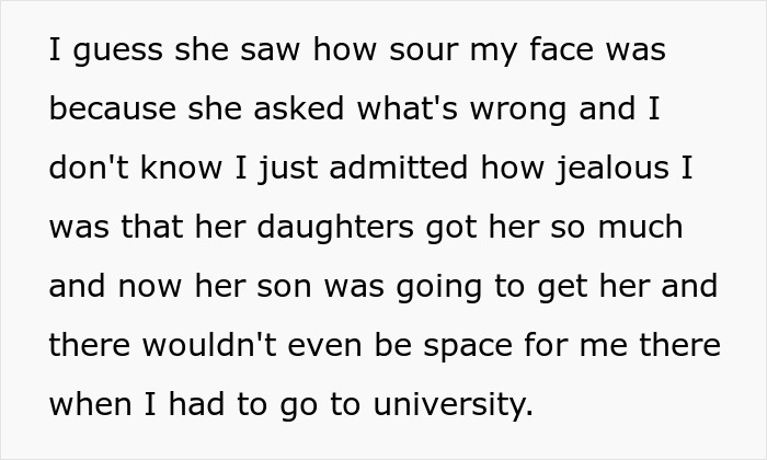 Text excerpt showing feelings of jealousy and neglect within a family as a pregnant lady reacts emotionally to her son.