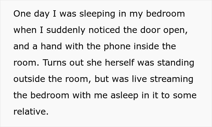 Text describing a person sleeping in their bedroom while the mother-in-law live streamed the moment to relatives. Text describing a person sleeping in their bedroom while the mother-in-law live streamed the moment to relatives.