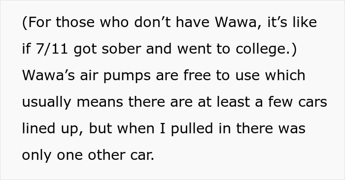Text about a lady in a brand new Lexus skipping the air pump line and getting trapped between curbs and petty justice. - 4