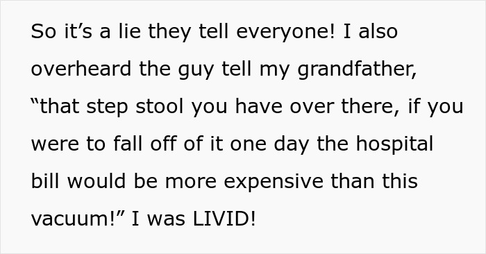 Text excerpt showing grandkid&rsquo;s frustration with villainous vacuum cleaner salespeople using aggressive sales tactics.
