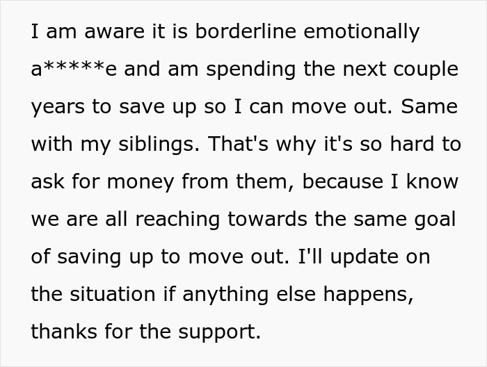 Text message discussing emotional strain and saving money to move out, highlighting sibling financial dynamics and support updates.