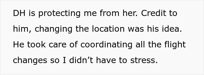 Text showing a husband protecting his wife from a stalker MIL by secretly changing their vacation location.