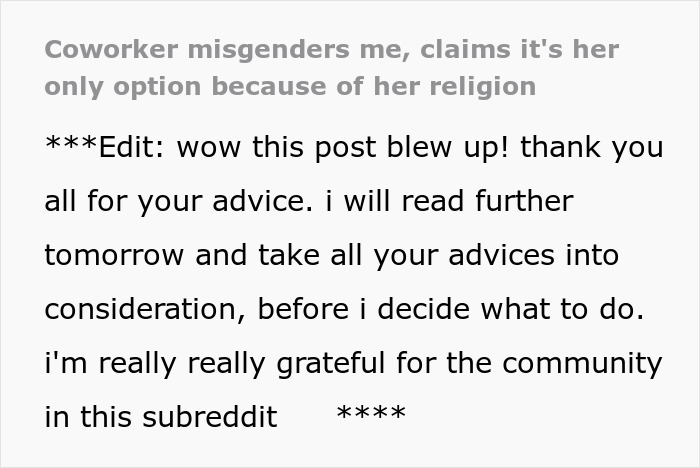 Text post about coworker misgenders the author, citing her Muslim religion as the reason for pronoun use conflict.
