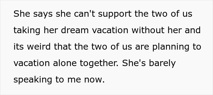 Text screenshot showing a message about a dream vacation canceled due to work and upset feelings over vacation plans without her.