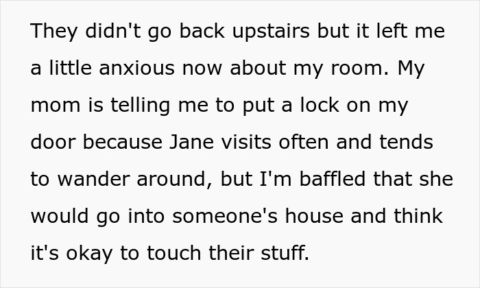 Text excerpt discussing a woman catching a guest sneaking into her room before her kid opens a collector doll. - 15
