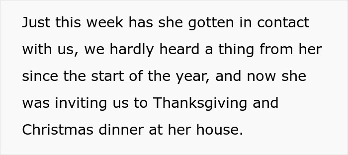 Text excerpt about recent contact and invitations, highlighting drama involving lactose intolerance and family tension.