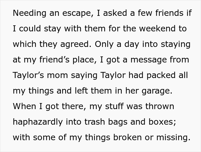 Text excerpt describing a betrayal by an ex-best friend who packed and discarded personal belongings after a weekend stay. - 11