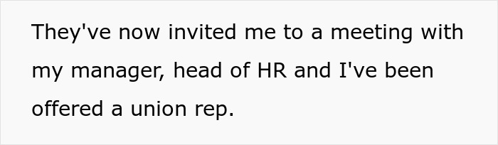 Text on a plain white background stating an invitation to a meeting with manager, HR, and a union representative about worker disciplined.