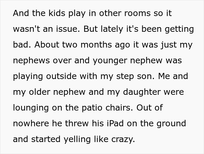 Text excerpt showing a woman describing challenges babysitting her autistic nephew after he injures her daughter and spits on her.