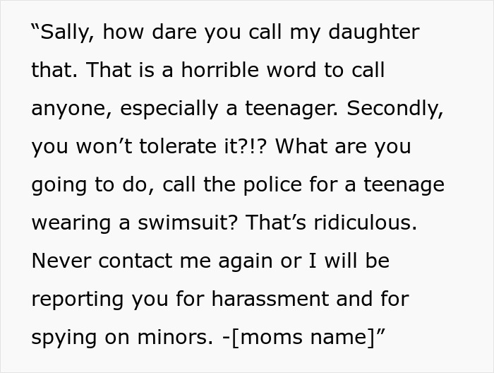 Mother defending her teenage daughter wearing bikini in their own yard, addressing accusations and threats seriously.