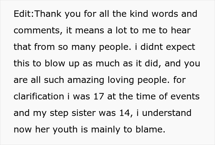 Thank you message about a woman's old fight with stepsister and cutting ties with family years later.