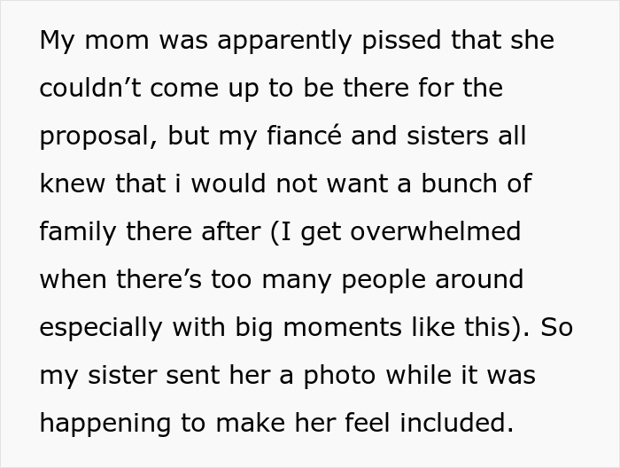 Bride cuts mom off from key wedding plans after mom turns proposal into a mass family update message. Bride cuts mom off from key wedding plans after mom turns proposal into a mass family update message.