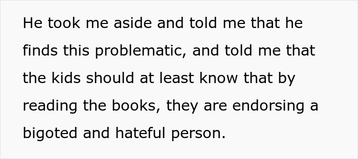 Text excerpt describing concern over kids reading Harry Potter books endorsing a bigoted and hateful person.