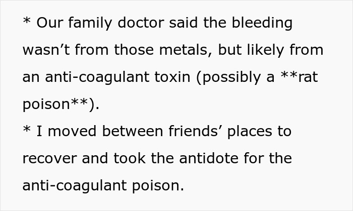 Text about family doctor diagnosing bleeding from possible anti-coagulant toxin, and taking antidote after moving between friends.