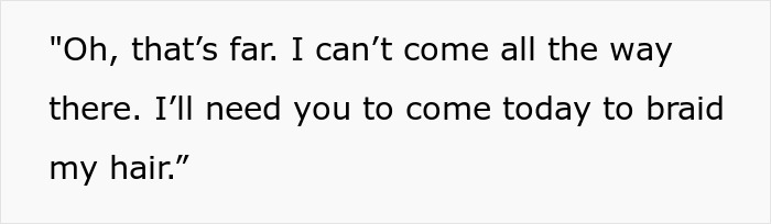 Text conversation showing a request related to free salon service for marriage, mentioning braiding hair. Text conversation showing a request related to free salon service for marriage, mentioning braiding hair.