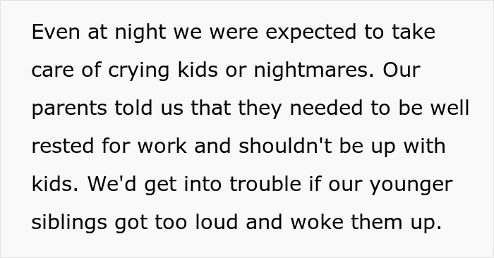 Children taking care of younger siblings at night to help their mom rest and avoid waking parents from sleep.