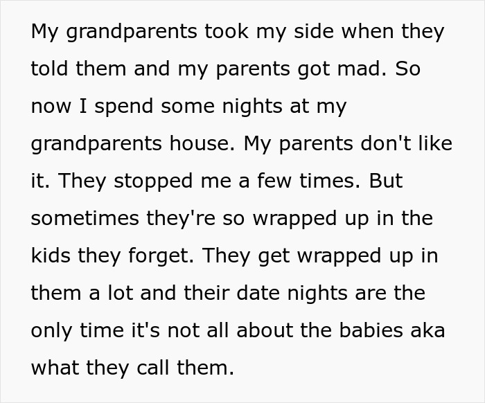 Text excerpt about parents obsessed with having kids, forcing older son to babysit siblings, causing family tension and frustration.
