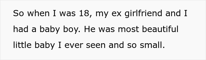 Text excerpt from a personal story about a baby boy lost in early years, related to a tattoo of his late son's name.