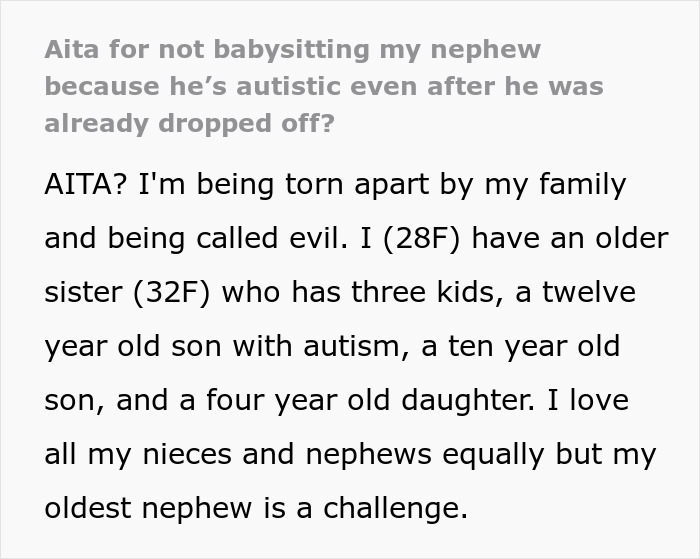 Alt text: Woman refuses to babysit her autistic nephew after he injures her daughter and spits on her.