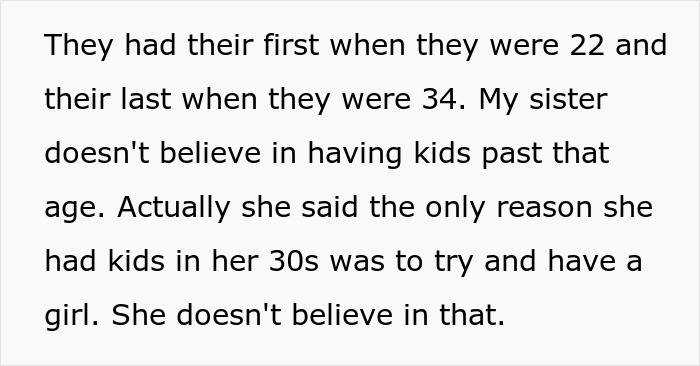 Text excerpt about sister having kids in her 30s to try for a girl, discussing family and pregnancy beliefs. - 2
