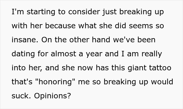 Text discussing relationship doubts after girlfriend got massive tattoo honoring partner, debating whether to break up.