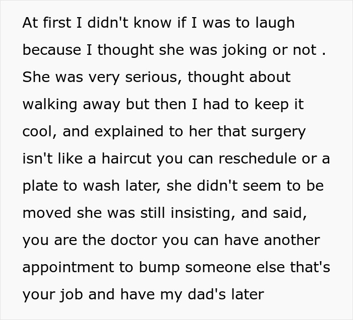Woman prioritizes brunch date over dad’s surgery, telling surgeon to wait for dad’s appointment rescheduling. Woman prioritizes brunch date over dad’s surgery, telling surgeon to wait for dad’s appointment rescheduling.
