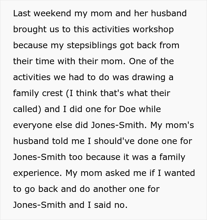 Teen wants to keep late father last name while mother upset about family activities and name choices.