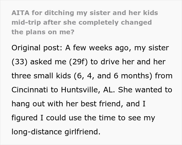 Sister hijacks road trip expecting babysitting, causing conflict during planned journey with siblings. Sister hijacks road trip expecting babysitting, causing conflict during planned journey with siblings.